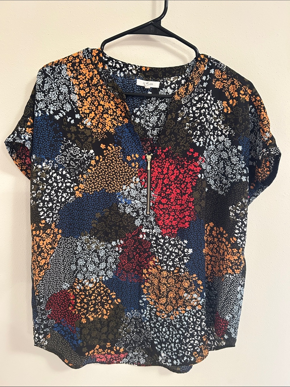 Maurices Black Multi Floral Patchwork Zip Front Blouse